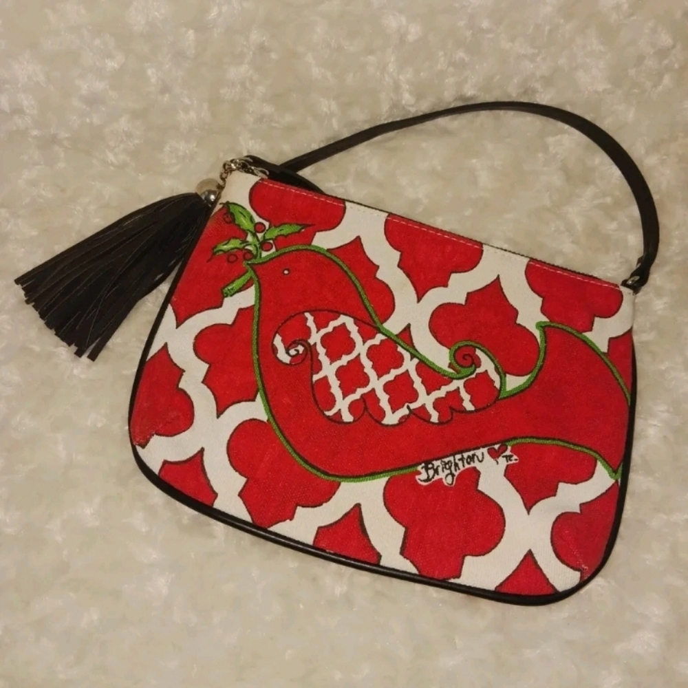 BRIGHTON Love Dove Pouch Crossbody Purse Red  White w/ Black Tassel Zip Top NWOT